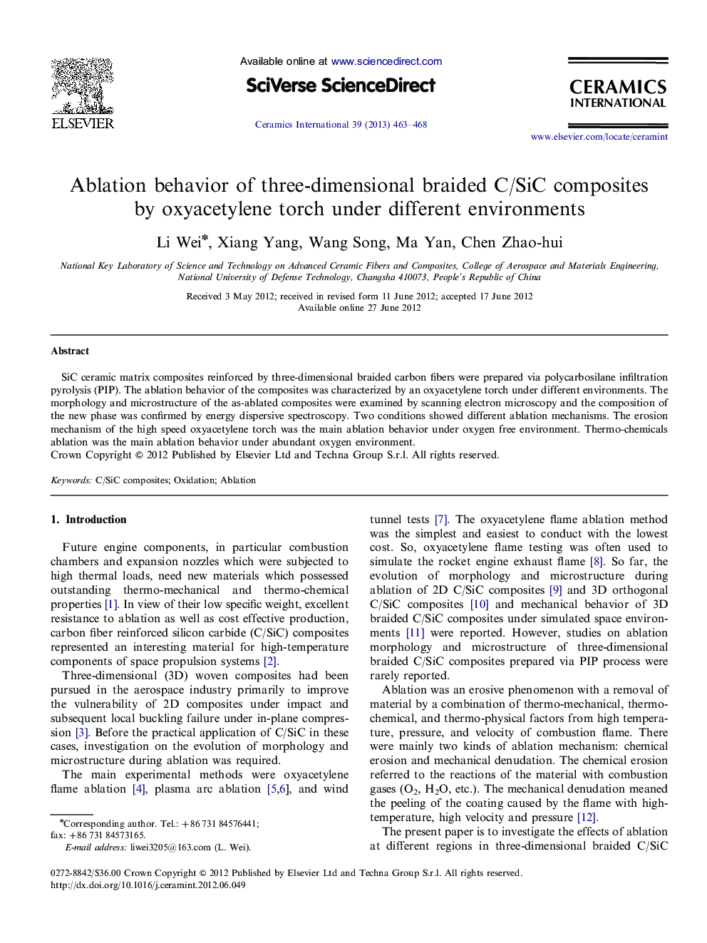 Ablation behavior of three-dimensional braided C/SiC composites by oxyacetylene torch under different environments