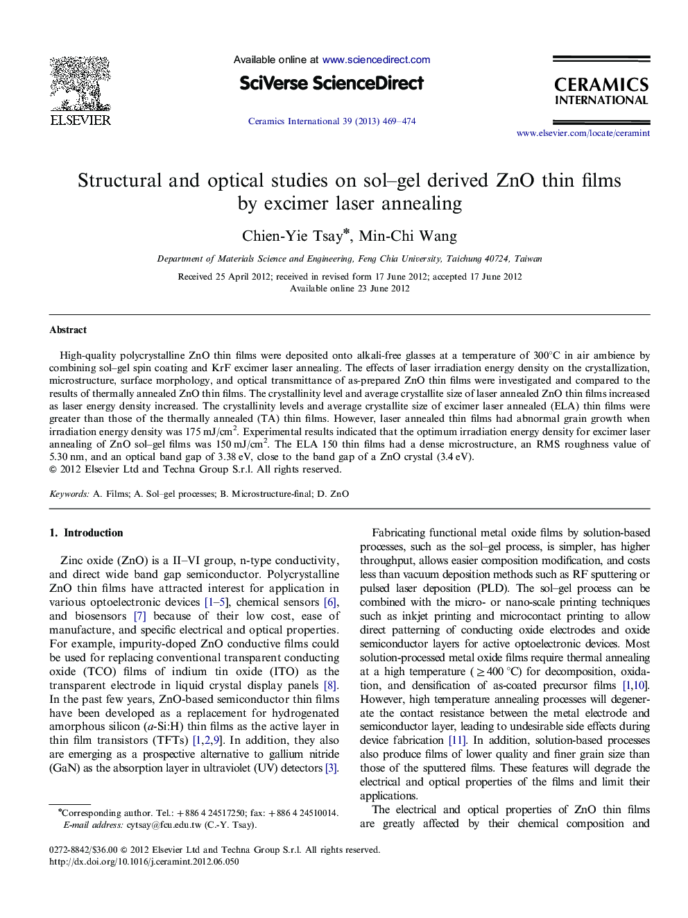 Structural and optical studies on sol–gel derived ZnO thin films by excimer laser annealing