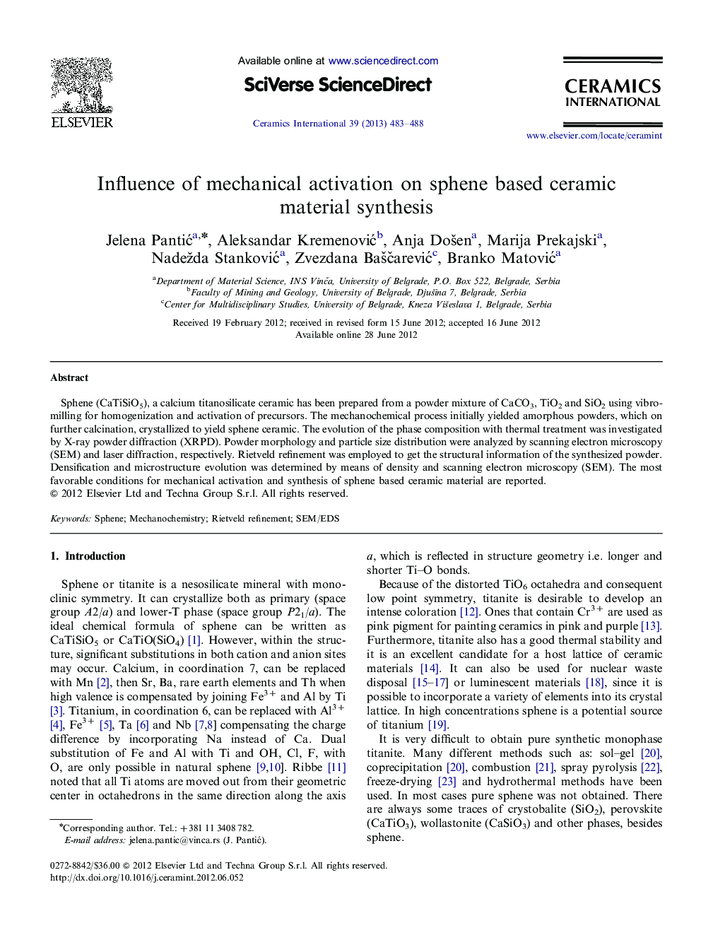 Influence of mechanical activation on sphene based ceramic material synthesis