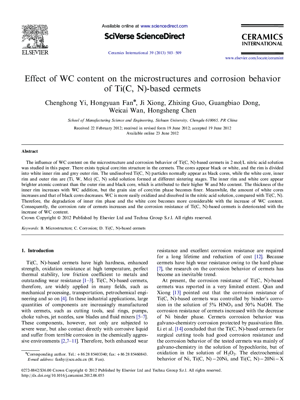 Effect of WC content on the microstructures and corrosion behavior of Ti(C, N)-based cermets