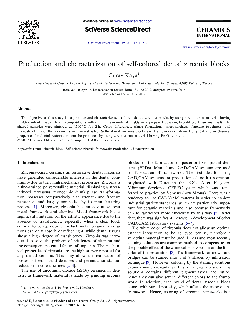 Production and characterization of self-colored dental zirconia blocks