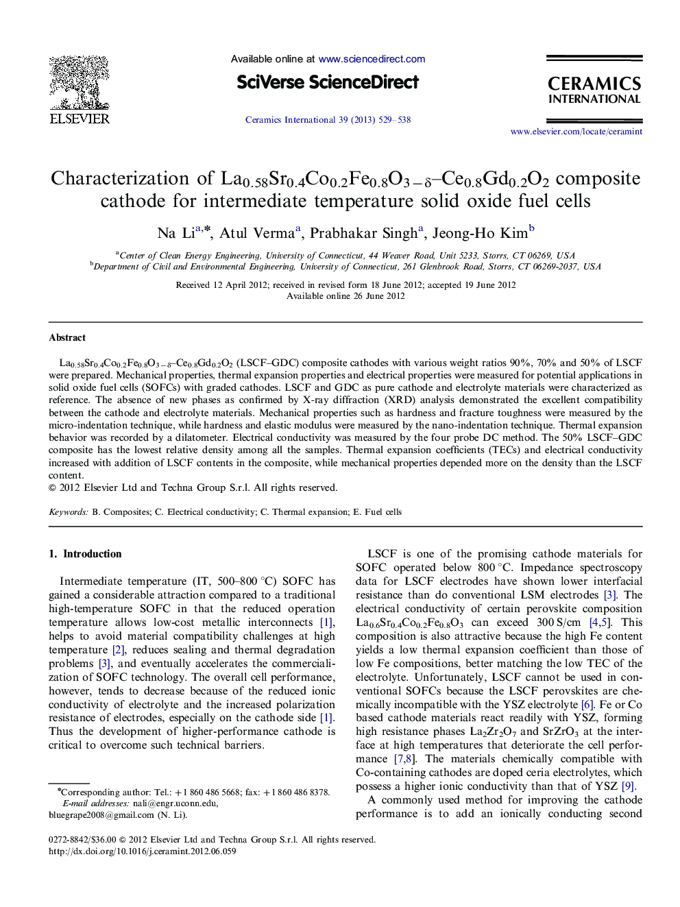 Characterization of La0.58Sr0.4Co0.2Fe0.8O3−δ–Ce0.8Gd0.2O2 composite cathode for intermediate temperature solid oxide fuel cells