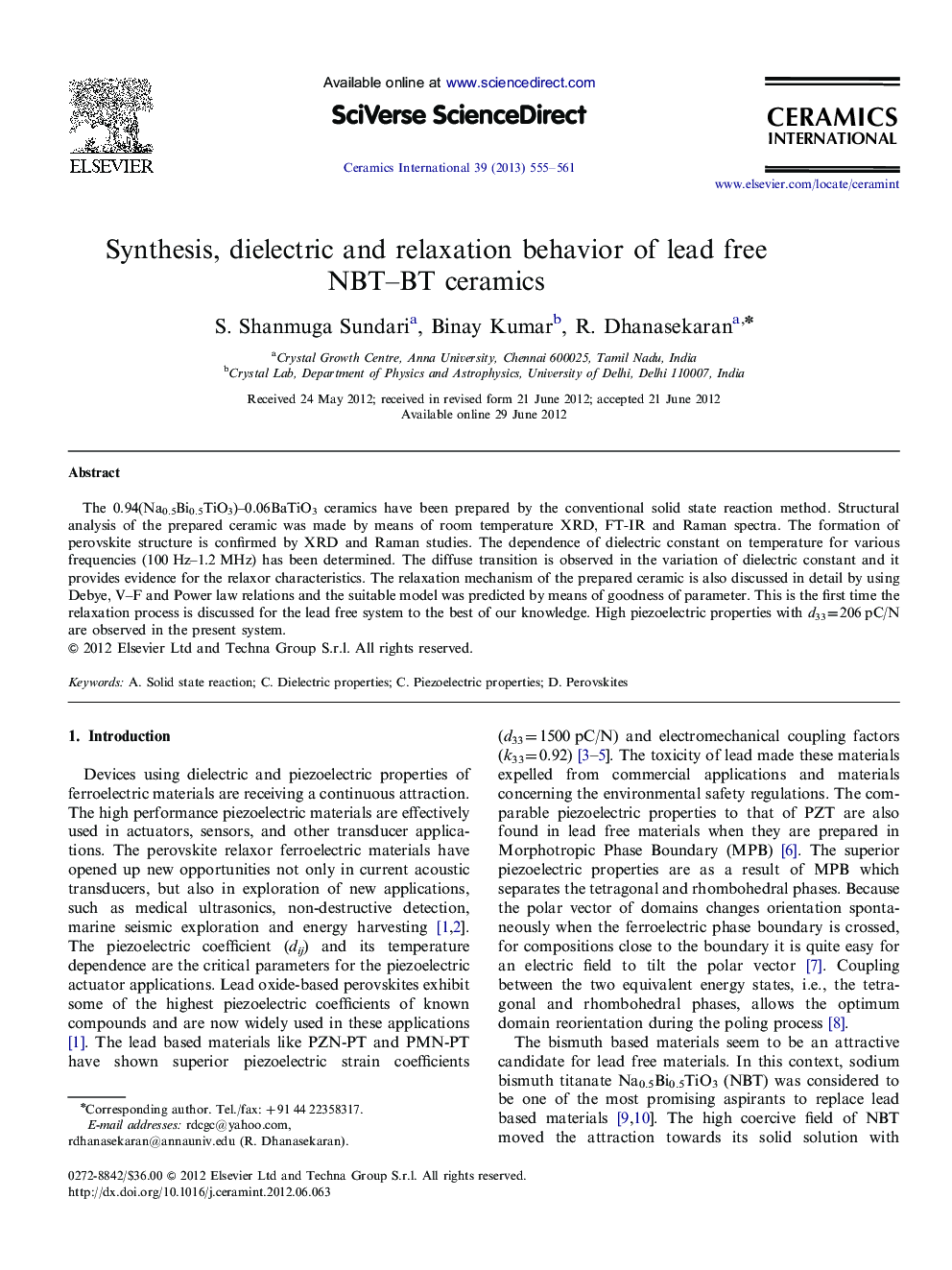 Synthesis, dielectric and relaxation behavior of lead free NBT–BT ceramics