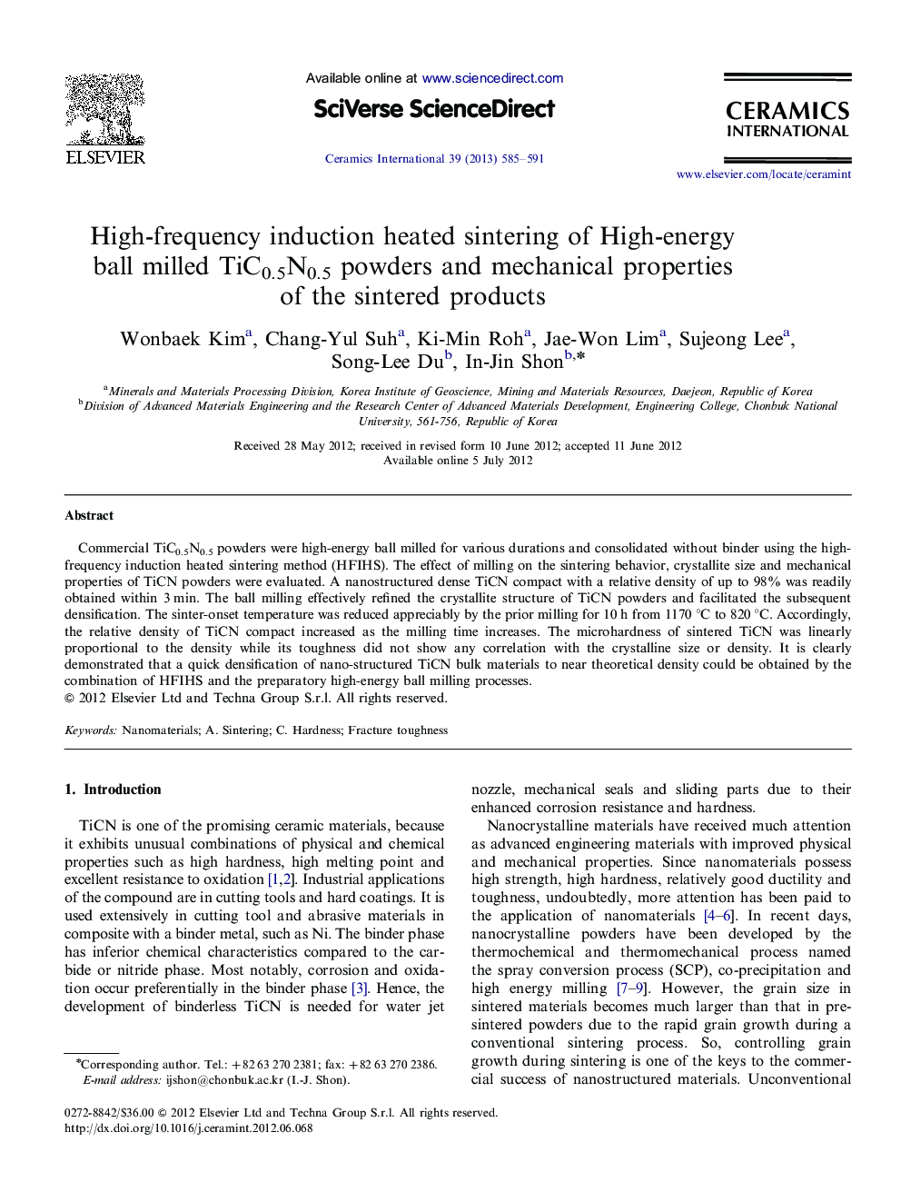 High-frequency induction heated sintering of High-energy ball milled TiC0.5N0.5 powders and mechanical properties of the sintered products