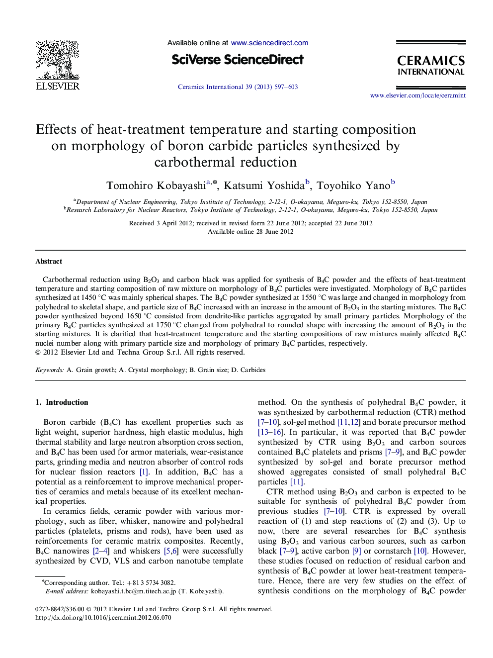 Effects of heat-treatment temperature and starting composition on morphology of boron carbide particles synthesized by carbothermal reduction