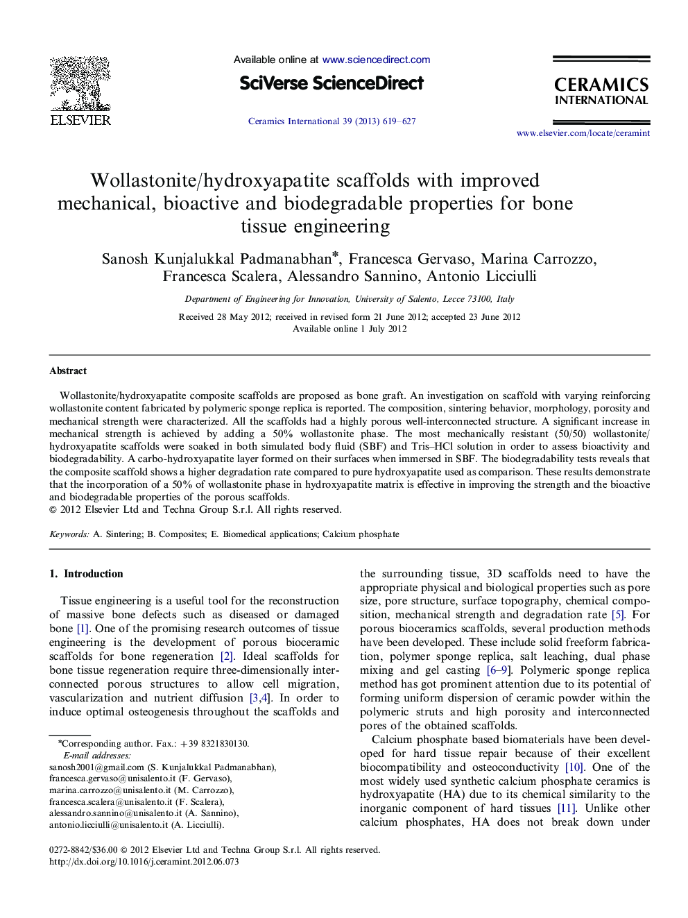 Wollastonite/hydroxyapatite scaffolds with improved mechanical, bioactive and biodegradable properties for bone tissue engineering