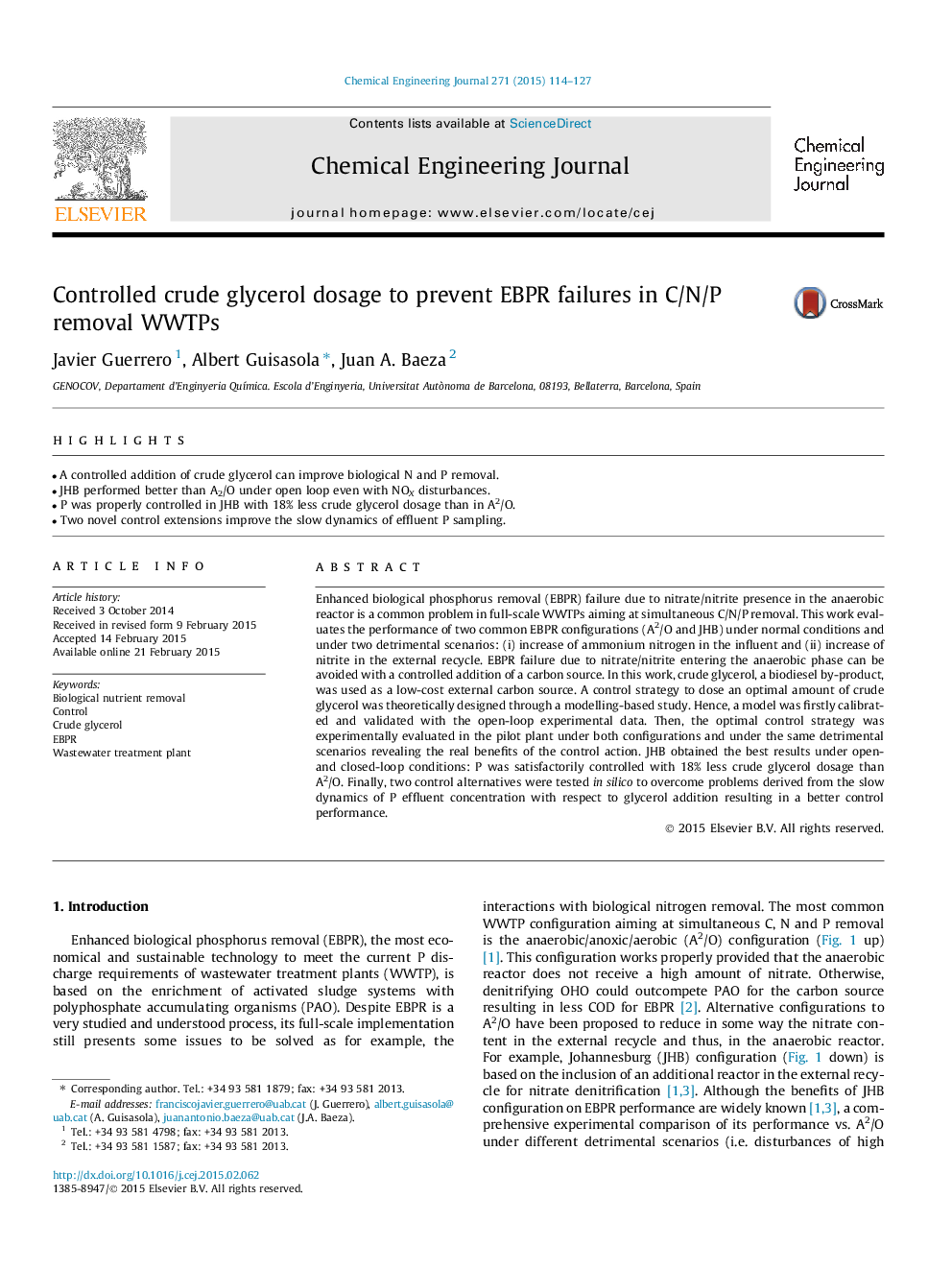 Controlled crude glycerol dosage to prevent EBPR failures in C/N/P removal WWTPs