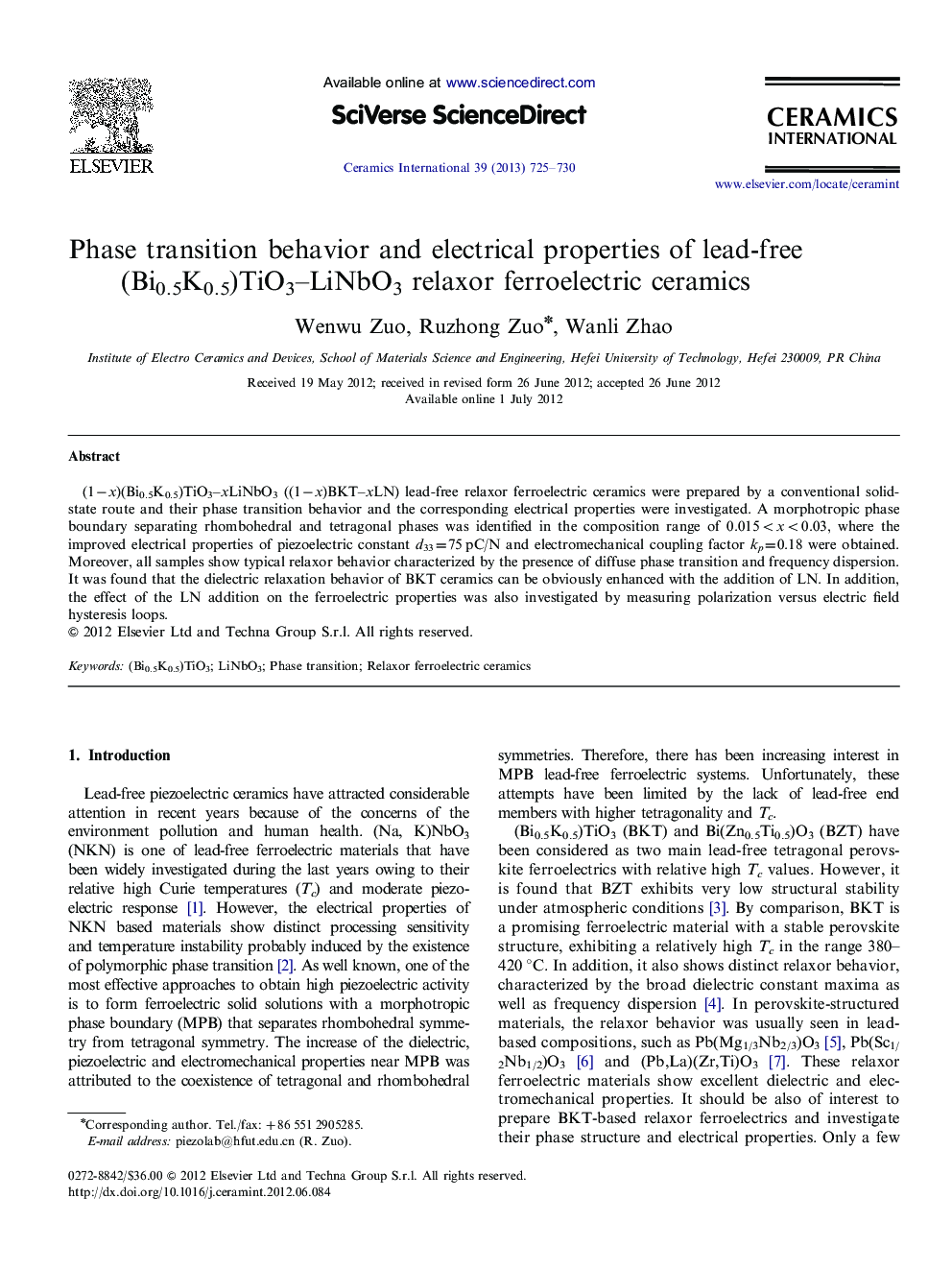 Phase transition behavior and electrical properties of lead-free (Bi0.5K0.5)TiO3–LiNbO3 relaxor ferroelectric ceramics