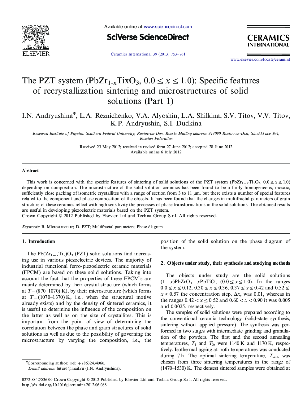 The PZT system (PbZr1-xTixO3, 0.0≤x≤1.0): Specific features of recrystallization sintering and microstructures of solid solutions (Part 1)