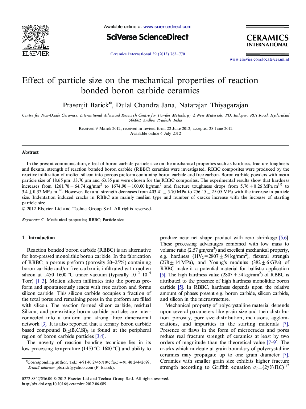 Effect of particle size on the mechanical properties of reaction bonded boron carbide ceramics