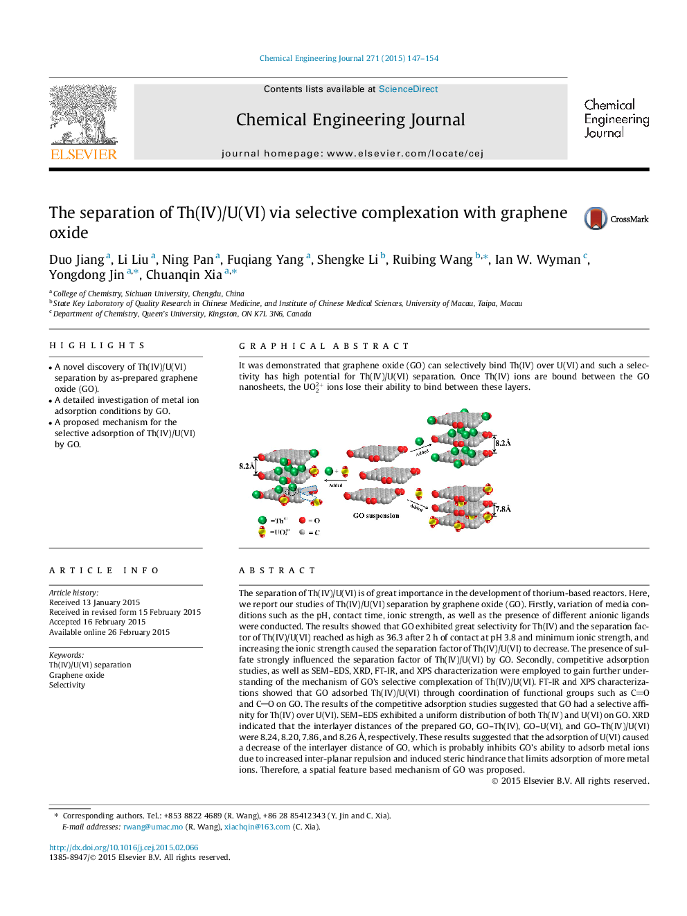 The separation of Th(IV)/U(VI) via selective complexation with graphene oxide