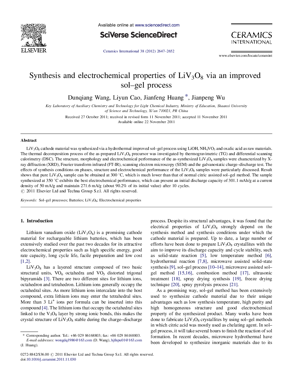 عکس صفحه اول مقاله: Synthesis and electrochemical properties of LiV3O8 via an improved sol–gel process Synthesis and electrochemical properties of LiV3O8 via an improved sol–gel process