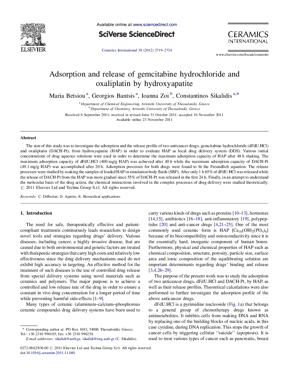 Adsorption and release of gemcitabine hydrochloride and oxaliplatin by hydroxyapatite