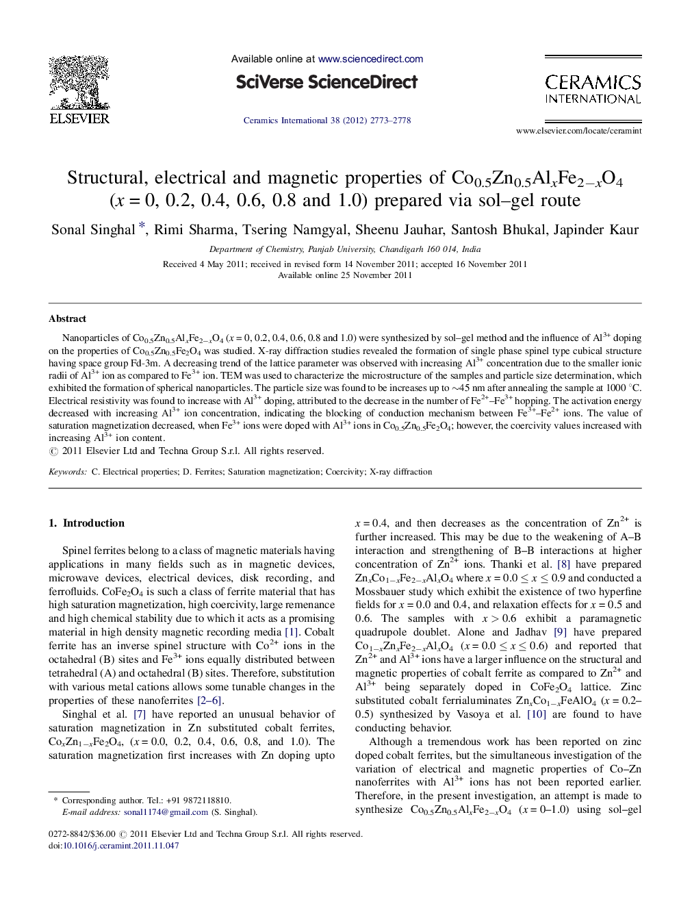 عکس صفحه اول مقاله: Structural, electrical and magnetic properties of Co0.5Zn0.5AlxFe2−xO4 (x = 0, 0.2, 0.4, 0.6, 0.8 and 1.0) prepared via sol–gel route Structural, electrical and magnetic properties of Co0.5Zn0.5AlxFe2−xO4 (x = 0, 0.2, 0.4, 0.6, 0.8 and 1.0) prepared via sol–gel route