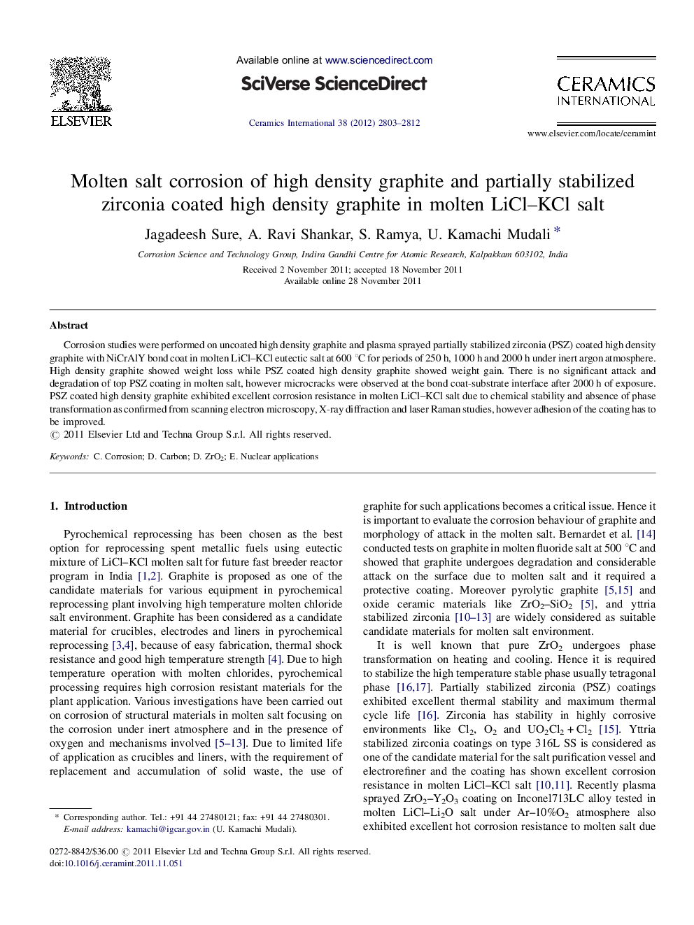 Molten salt corrosion of high density graphite and partially stabilized zirconia coated high density graphite in molten LiCl–KCl salt