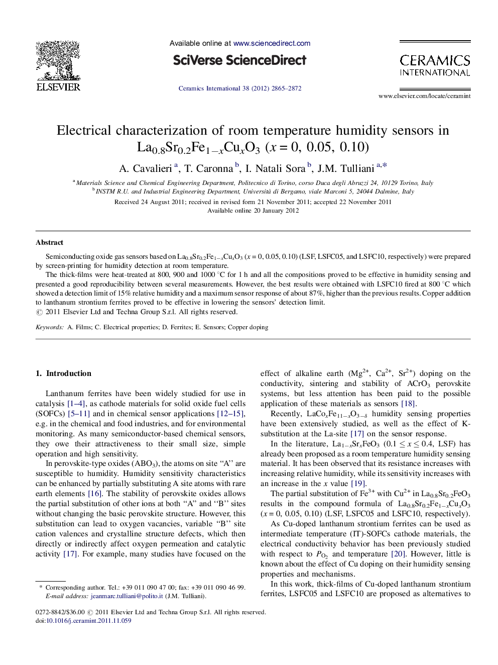 Electrical characterization of room temperature humidity sensors in La0.8Sr0.2Fe1−xCuxO3 (x = 0, 0.05, 0.10)