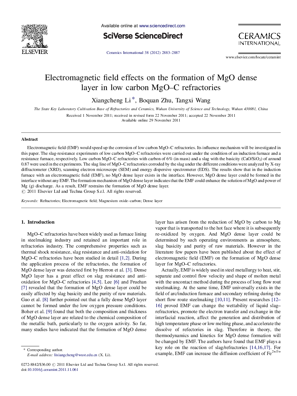 Electromagnetic field effects on the formation of MgO dense layer in low carbon MgOC refractories