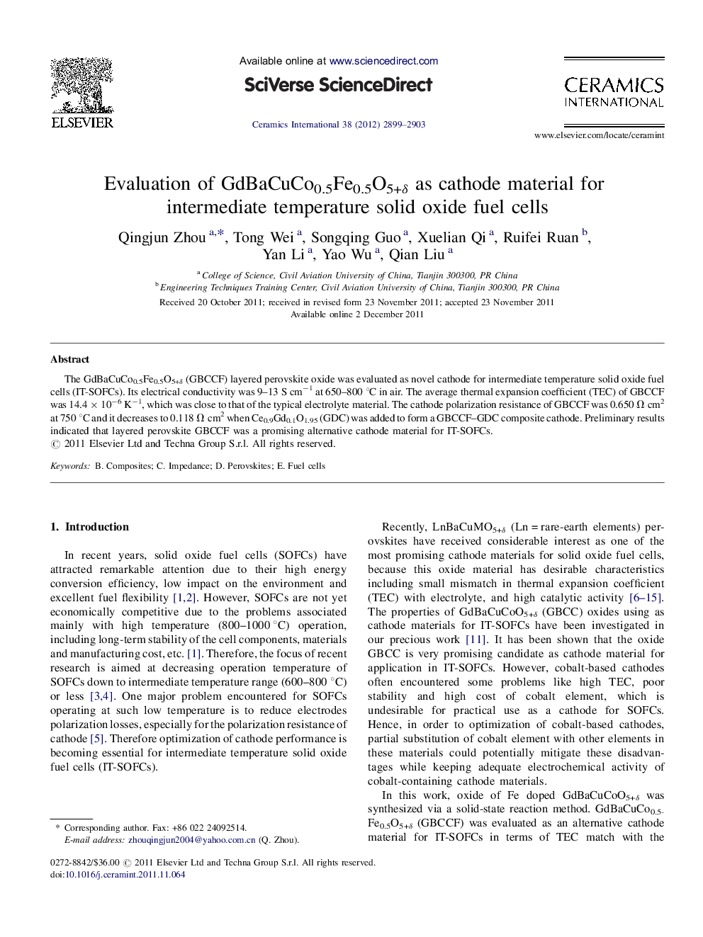 Evaluation of GdBaCuCo0.5Fe0.5O5+δ as cathode material for intermediate temperature solid oxide fuel cells