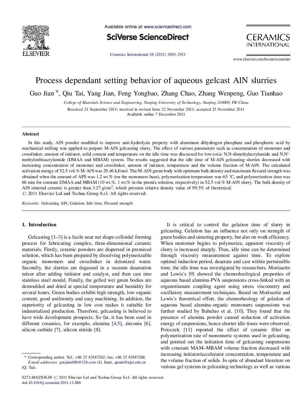 Process dependant setting behavior of aqueous gelcast AlN slurries