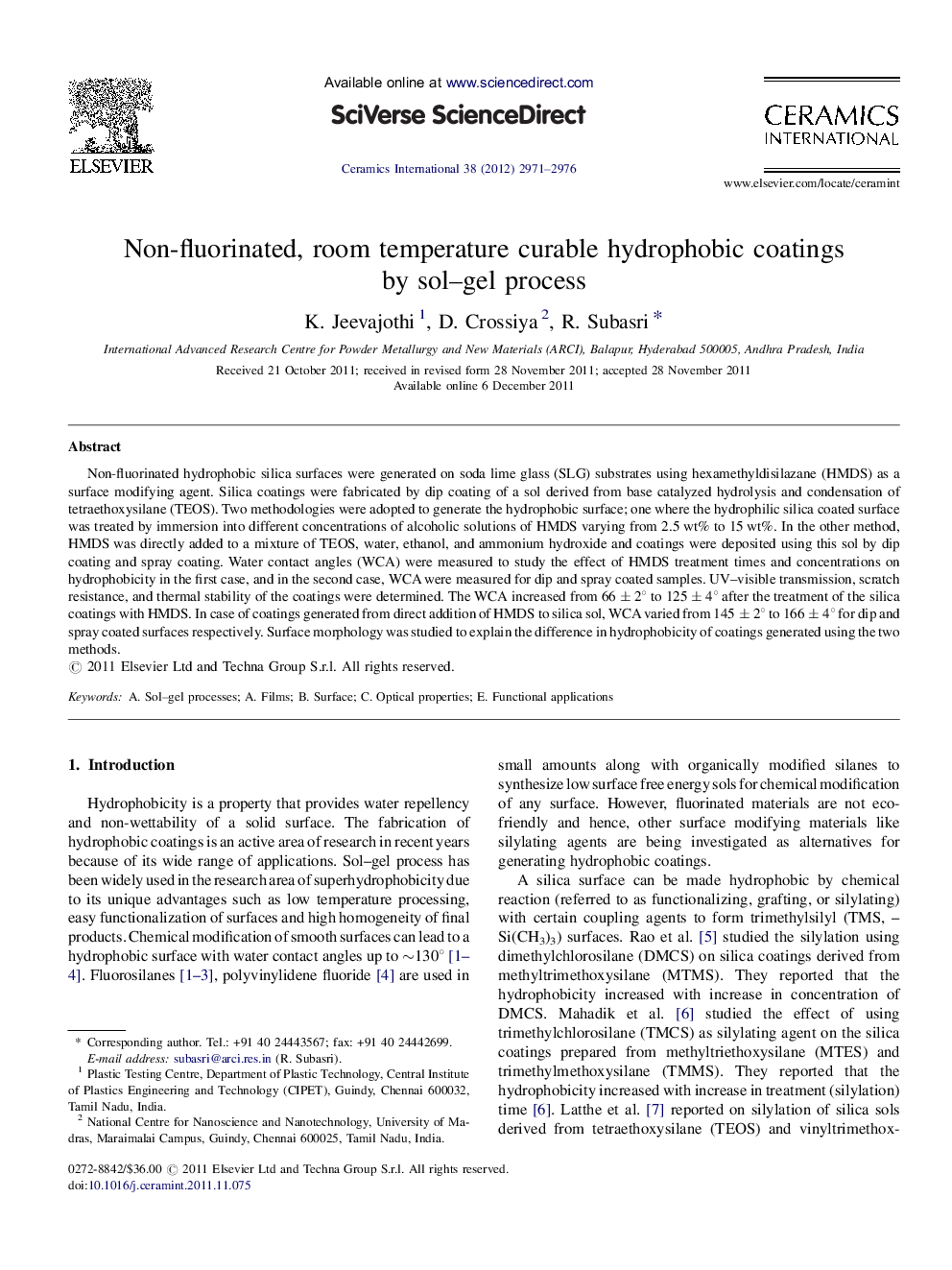 Non-fluorinated, room temperature curable hydrophobic coatings by sol–gel process