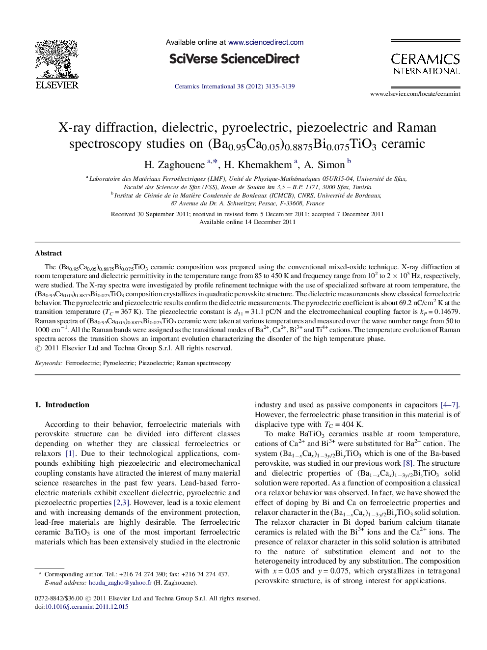 X-ray diffraction, dielectric, pyroelectric, piezoelectric and Raman spectroscopy studies on (Ba0.95Ca0.05)0.8875Bi0.075TiO3 ceramic