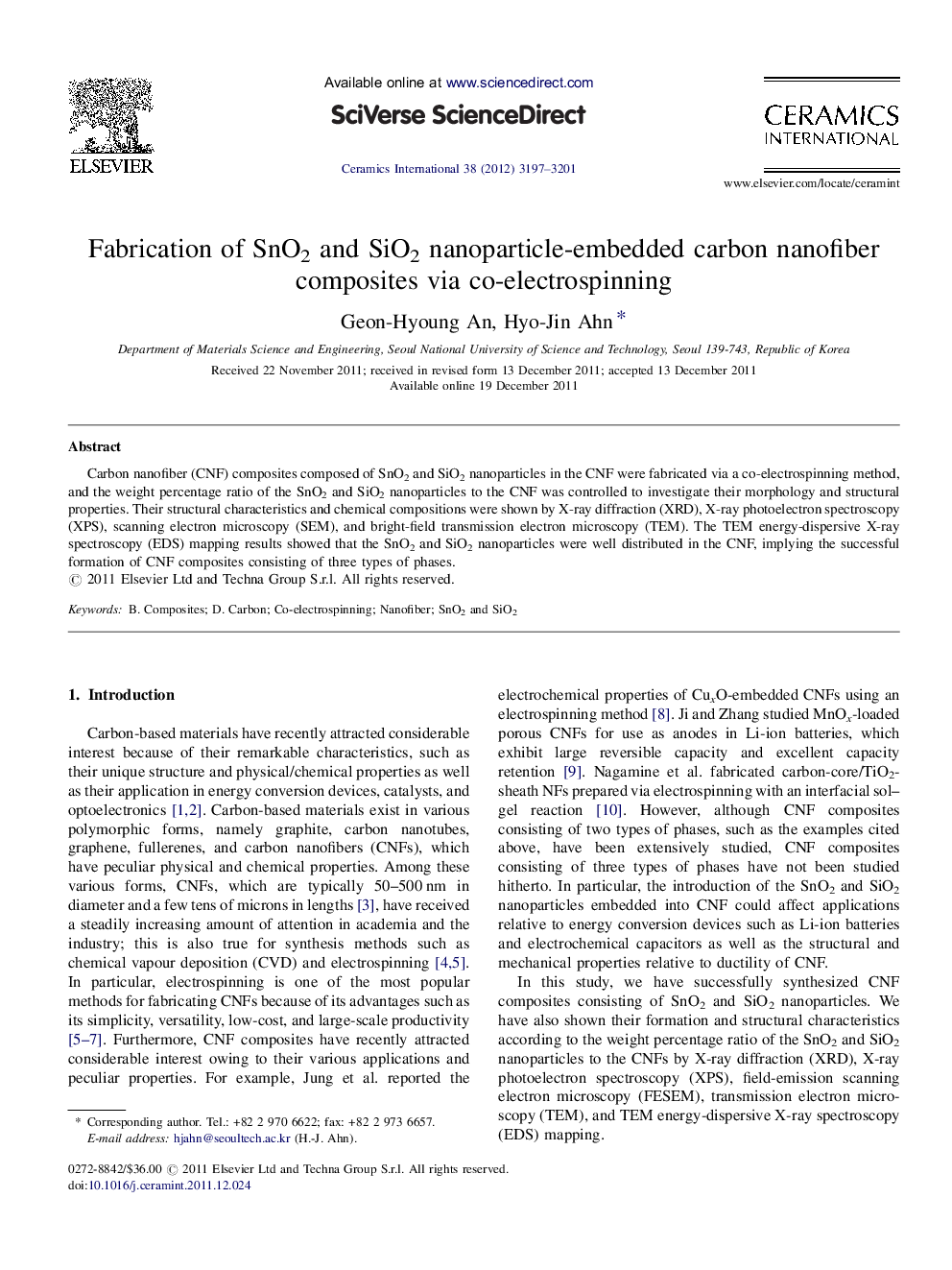 Fabrication of SnO2 and SiO2 nanoparticle-embedded carbon nanofiber composites via co-electrospinning