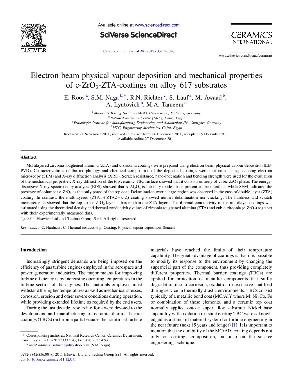 Electron beam physical vapour deposition and mechanical properties of c-ZrO2-ZTA-coatings on alloy 617 substrates