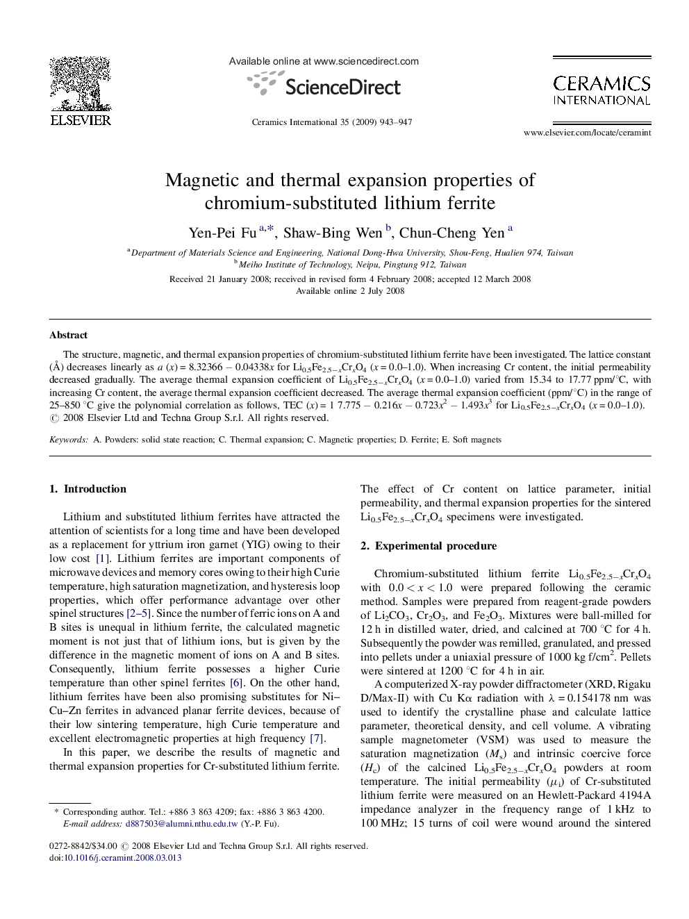 Magnetic and thermal expansion properties of chromium-substituted lithium ferrite