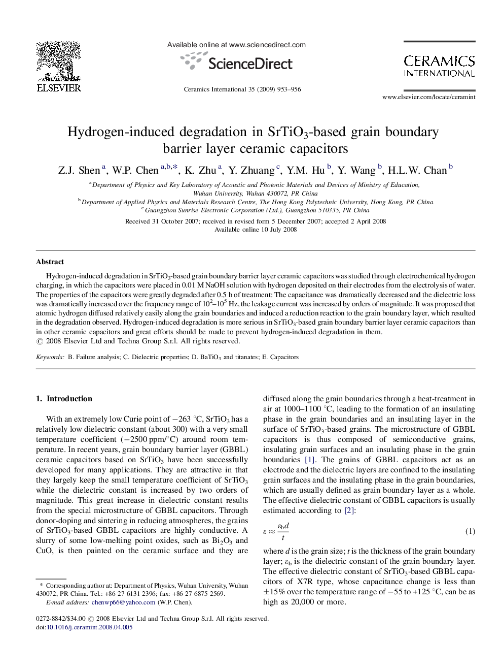 Hydrogen-induced degradation in SrTiO3-based grain boundary barrier layer ceramic capacitors