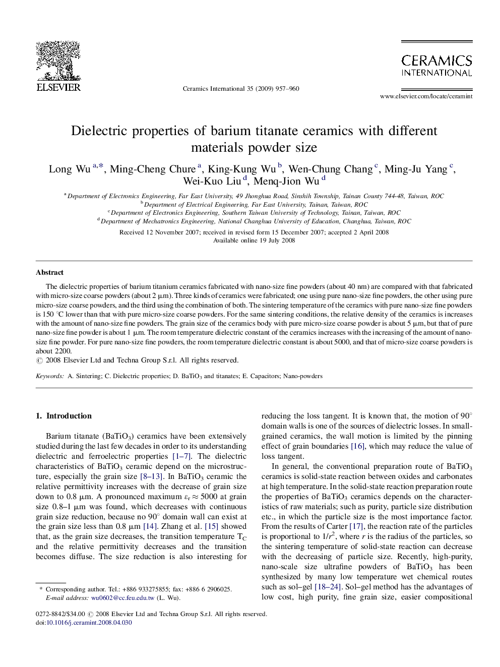 Dielectric properties of barium titanate ceramics with different materials powder size