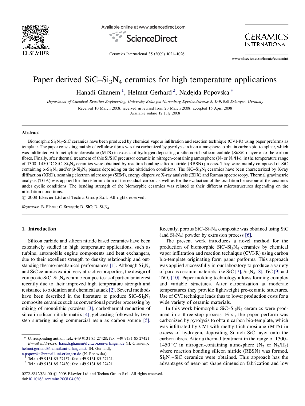 Paper derived SiC–Si3N4 ceramics for high temperature applications