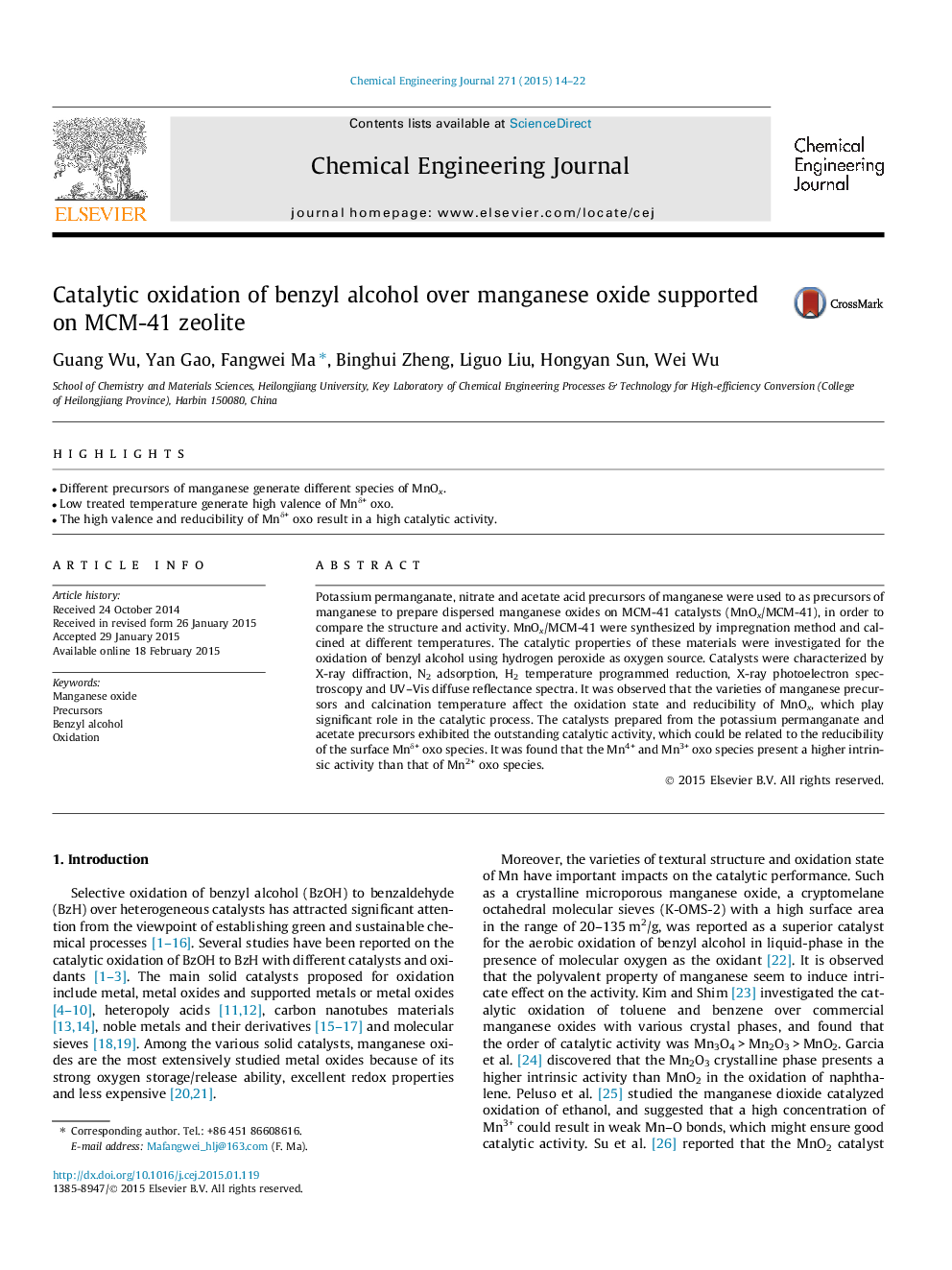 Catalytic oxidation of benzyl alcohol over manganese oxide supported on MCM-41 zeolite