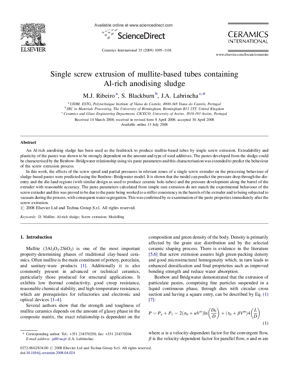 Single screw extrusion of mullite-based tubes containing Al-rich anodising sludge