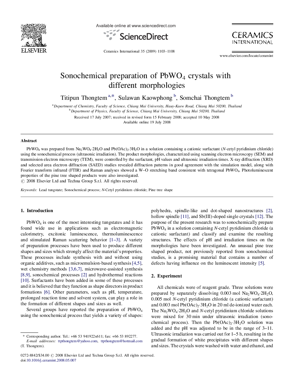 Sonochemical preparation of PbWO4 crystals with different morphologies