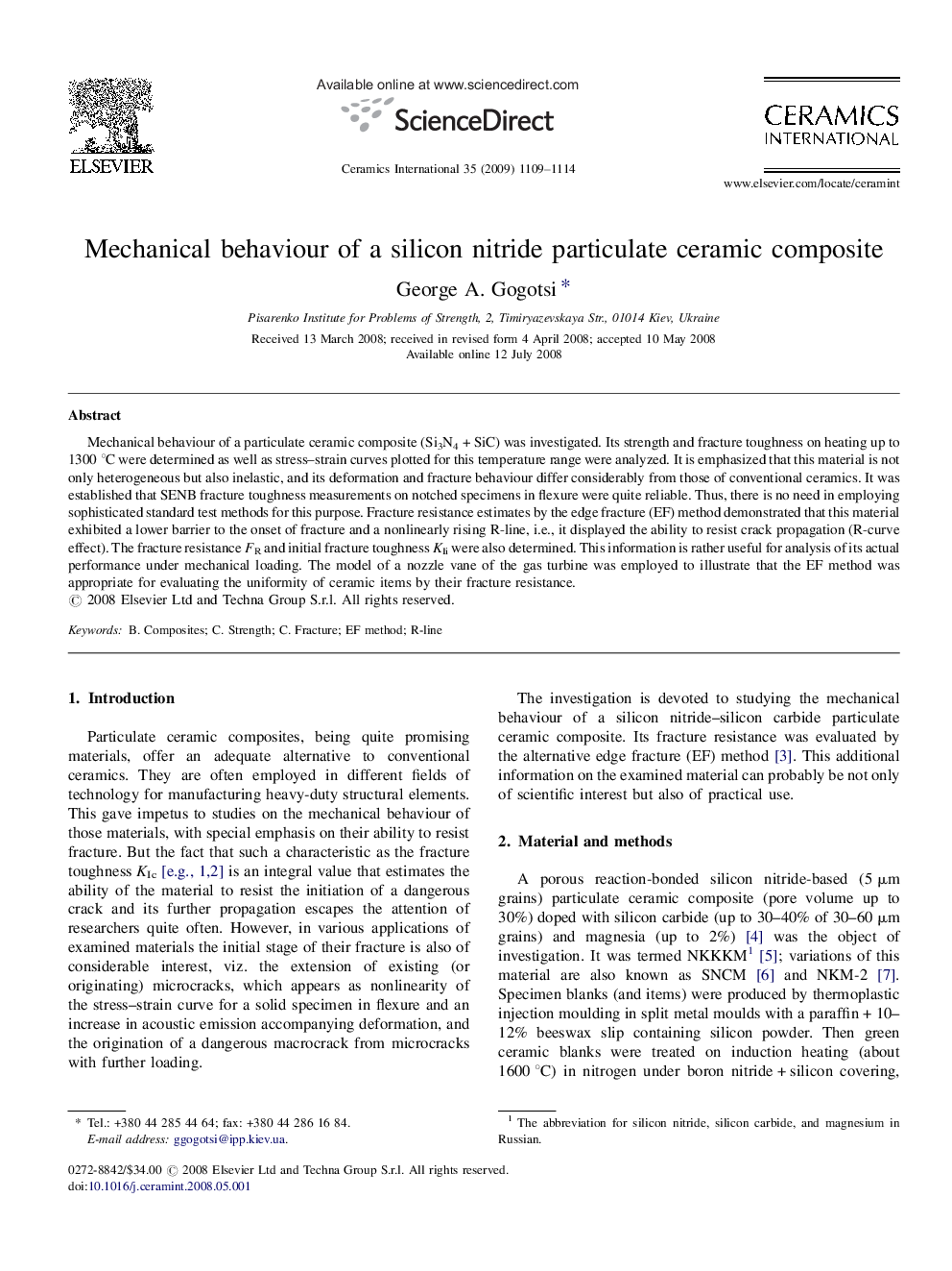 Mechanical behaviour of a silicon nitride particulate ceramic composite