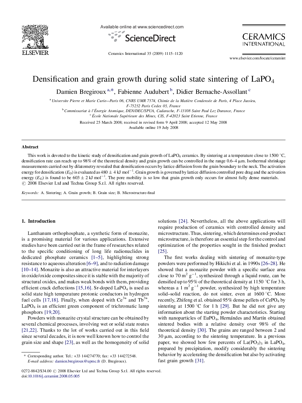 Densification and grain growth during solid state sintering of LaPO4