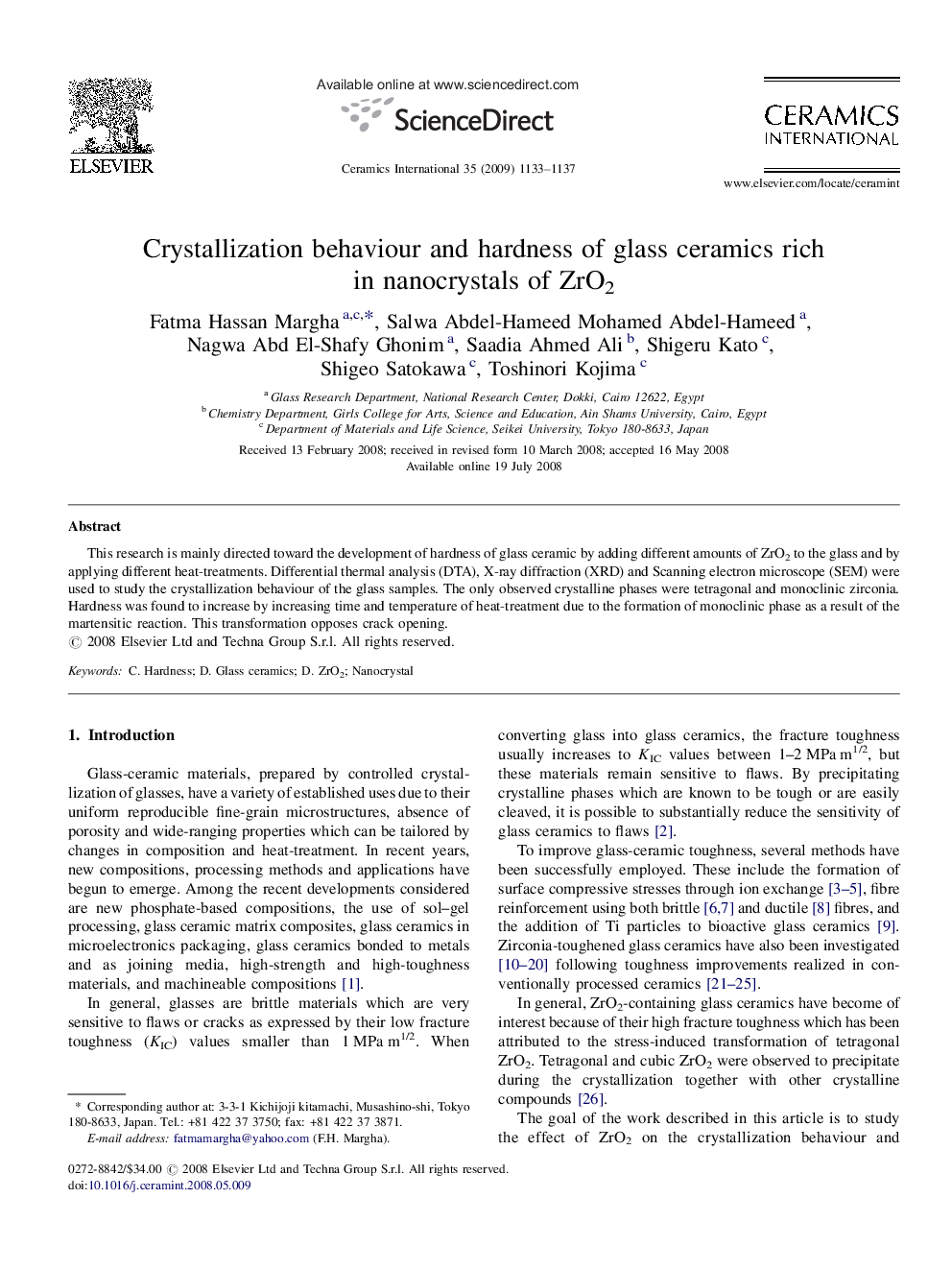 Crystallization behaviour and hardness of glass ceramics rich in nanocrystals of ZrO2