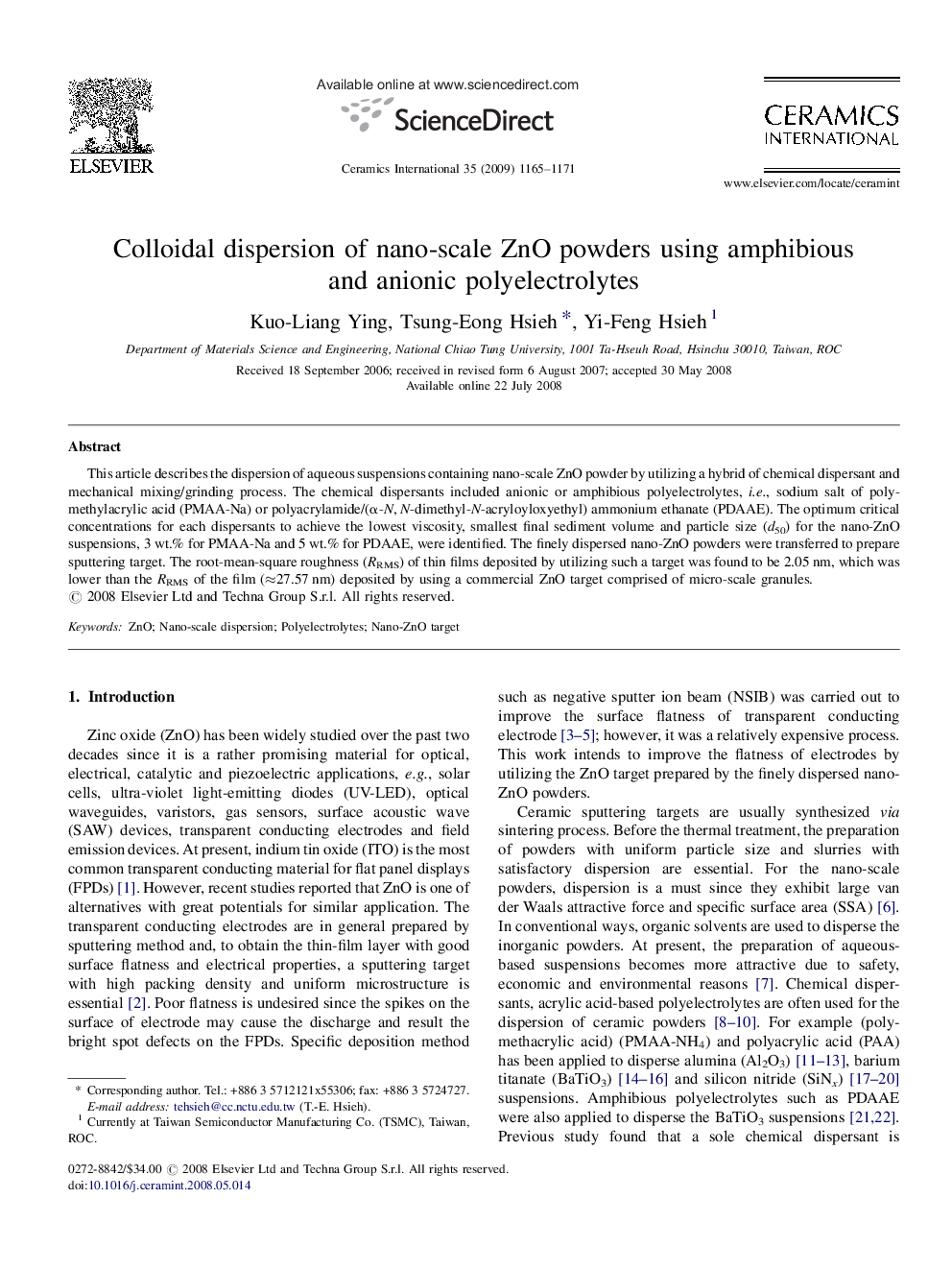 Colloidal dispersion of nano-scale ZnO powders using amphibious and anionic polyelectrolytes