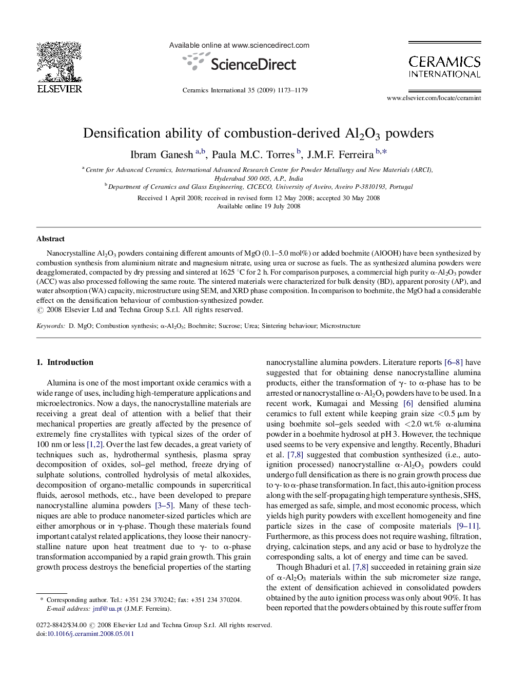 Densification ability of combustion-derived Al2O3 powders