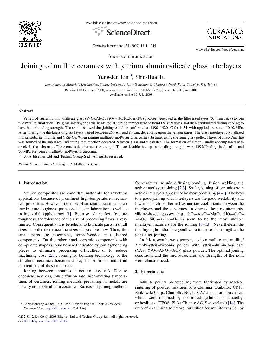 Joining of mullite ceramics with yttrium aluminosilicate glass interlayers