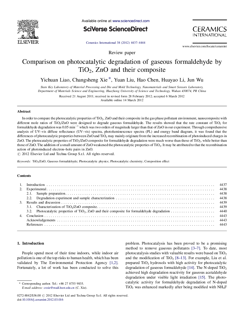 Comparison on photocatalytic degradation of gaseous formaldehyde by TiO2, ZnO and their composite