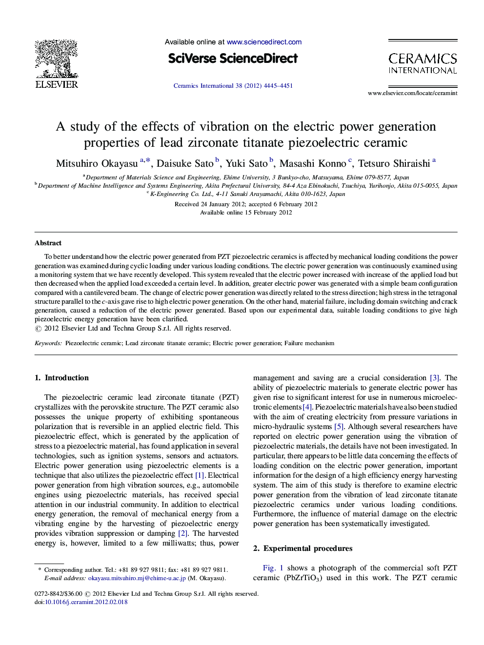 A study of the effects of vibration on the electric power generation properties of lead zirconate titanate piezoelectric ceramic