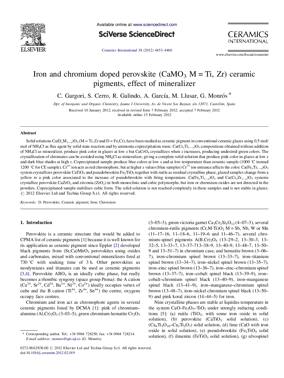 Iron and chromium doped perovskite (CaMO3 M = Ti, Zr) ceramic pigments, effect of mineralizer