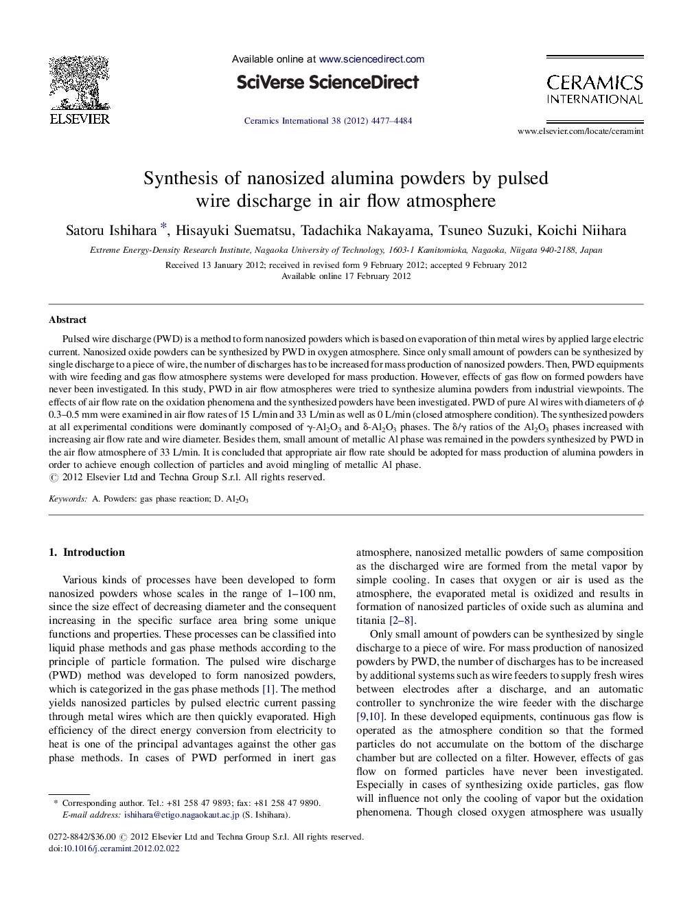 Synthesis of nanosized alumina powders by pulsed wire discharge in air flow atmosphere