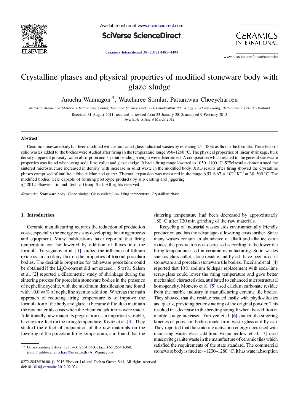 Crystalline phases and physical properties of modified stoneware body with glaze sludge