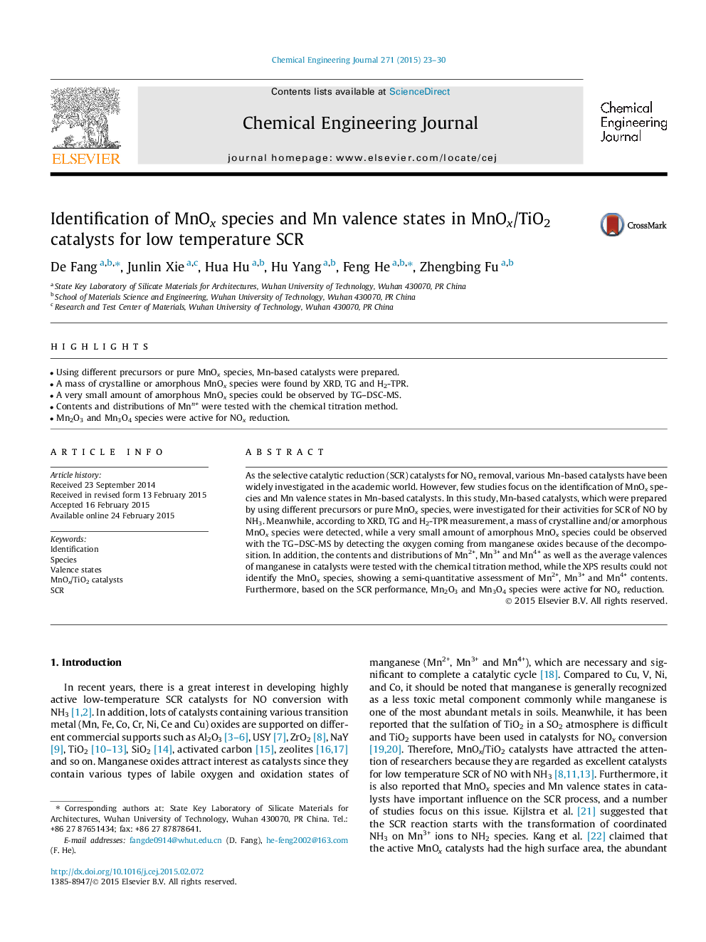 Identification of MnOx species and Mn valence states in MnOx/TiO2 catalysts for low temperature SCR