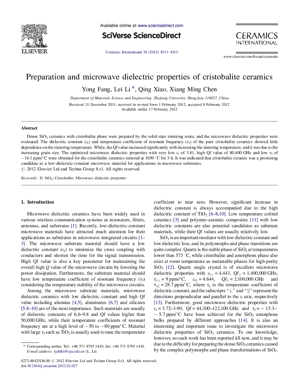 Preparation and microwave dielectric properties of cristobalite ceramics