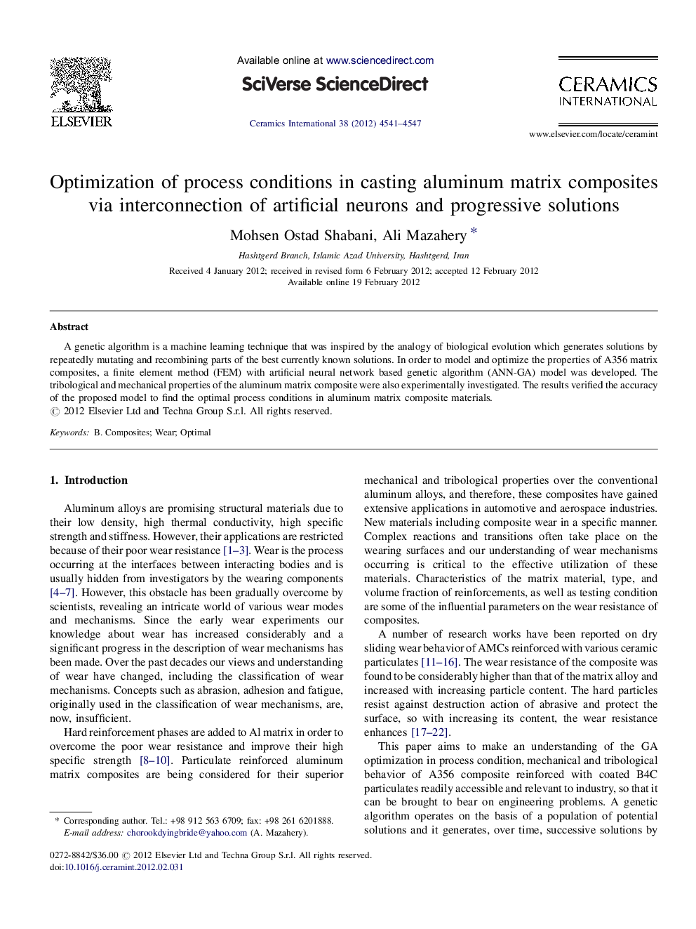 Optimization of process conditions in casting aluminum matrix composites via interconnection of artificial neurons and progressive solutions