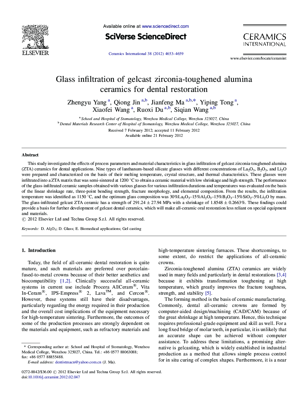 Glass infiltration of gelcast zirconia-toughened alumina ceramics for dental restoration