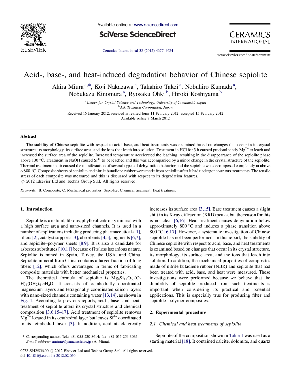 Acid-, base-, and heat-induced degradation behavior of Chinese sepiolite